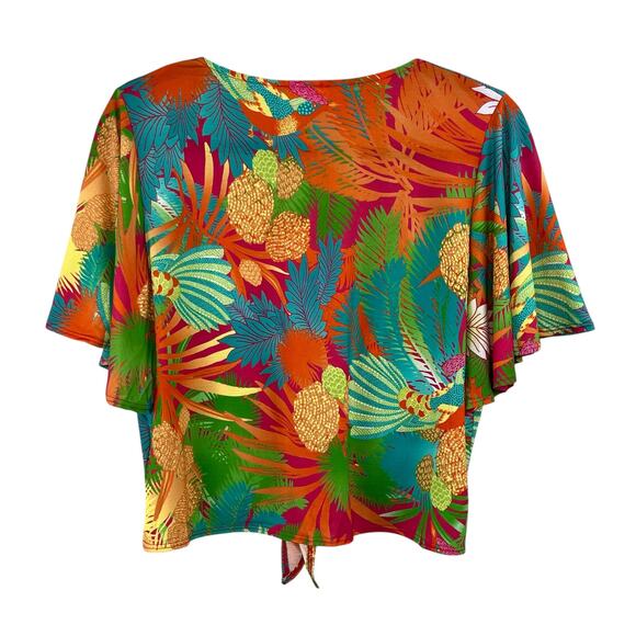 Green Multicolor Tropical Print Tie Front Flutter Sleeve Cropped Top Plus 1X NWT - Picture 3 of 13